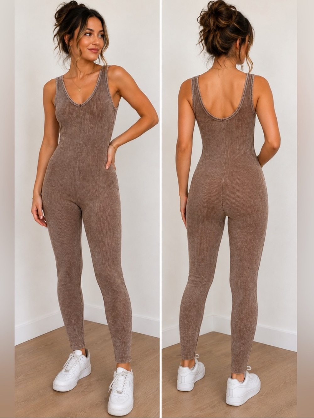 Zenana Mineral Wash Ribbed Jumpsuit S/M – Mocha Taupe NWOT
